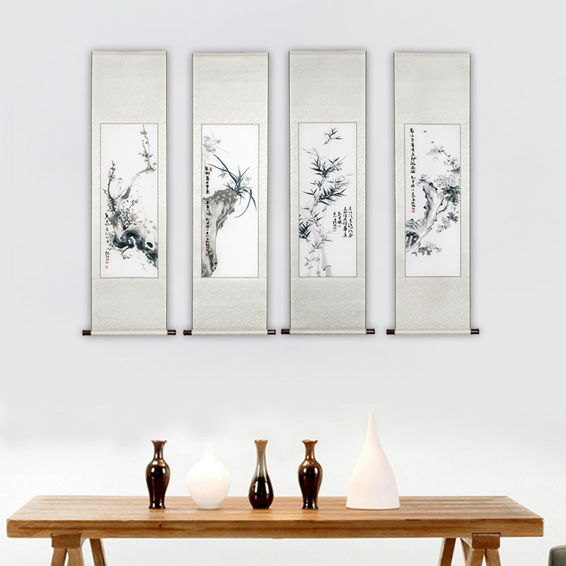 梅兰竹菊纯手工刺绣装饰画挂轴中国风办公室客厅四联壁画轻奢礼品